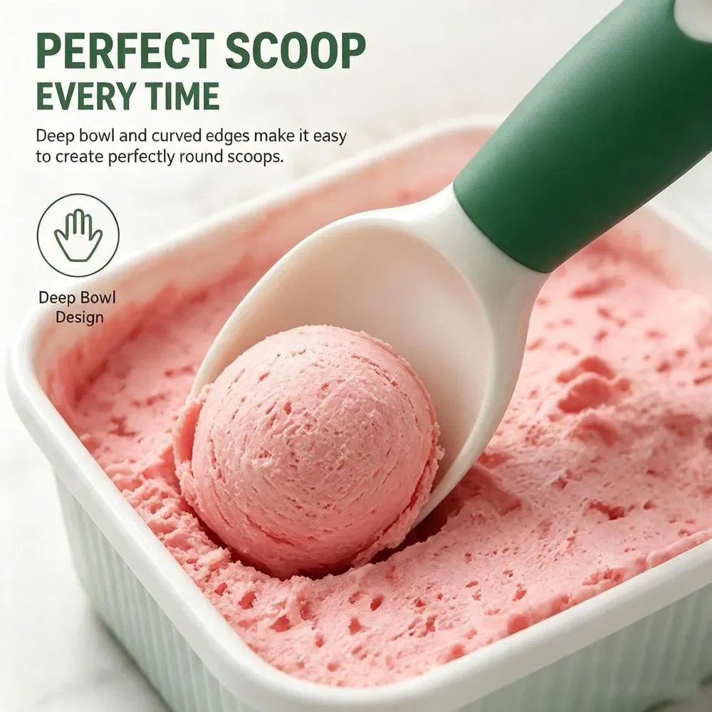Ice Cream Scoop Non Slip Silicone Grip Deep Bowl Frozen Yogurt Fruit Scooper